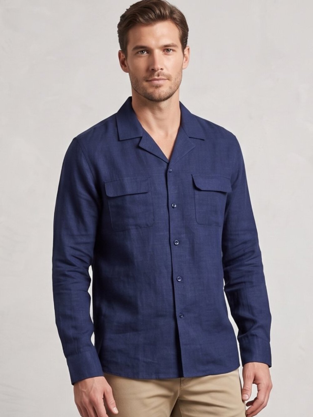NWT COOFANDY | Navy Blue Long Sleeve Linen-Style Camp Collar Button Down | Small